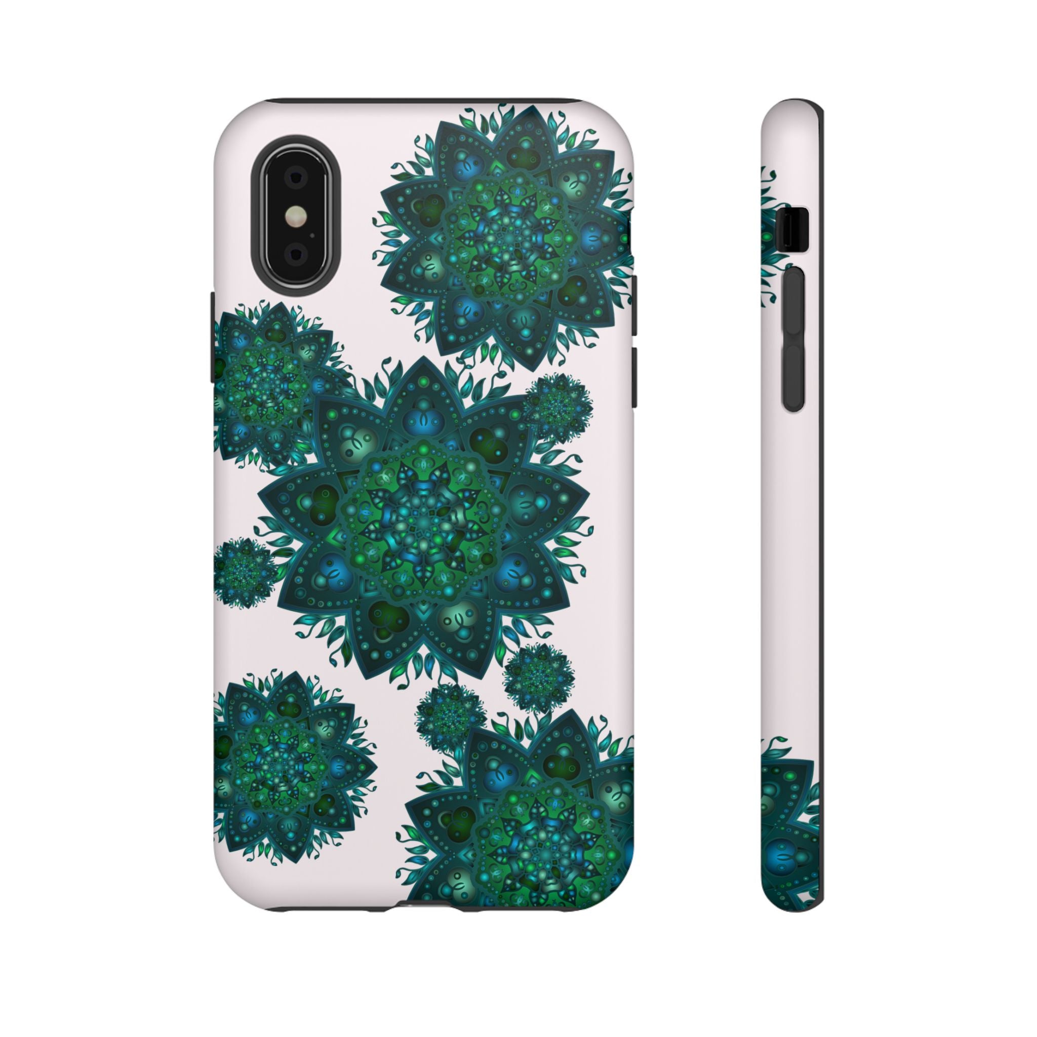 Beautiful light pink and green mandala phone case with peaceful and intricate design