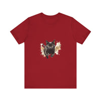 Black Cat Watercolor Sprint T-Shirt, a stylish and vibrant graphic tee featuring a stunning watercolor design of a black cat sprinting across the shirt in shades of blue and black, perfect for cat lovers and anyone who appreciates unique and eye-catching fashion
