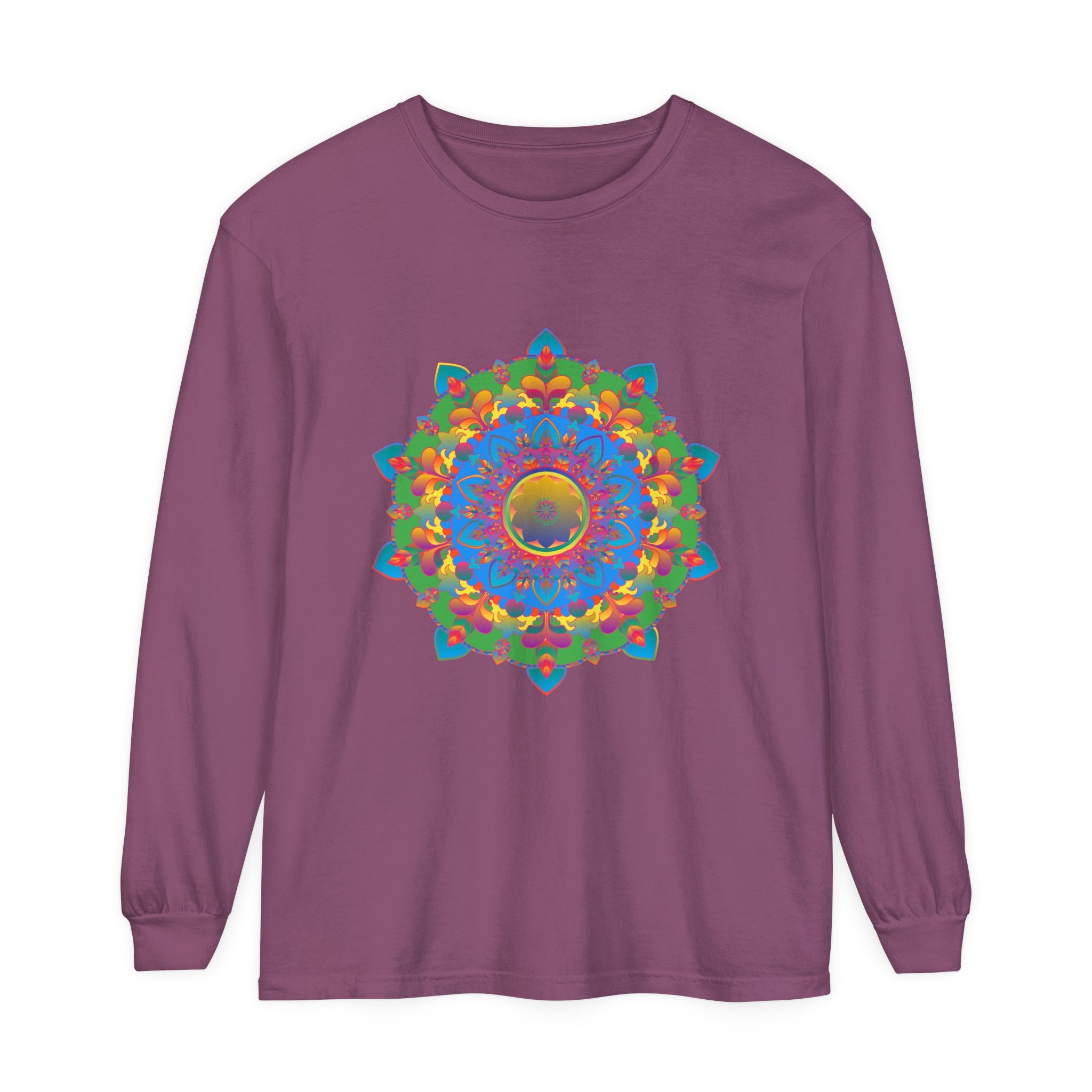 Colorful and detailed mandala design on a long sleeve t-shirt