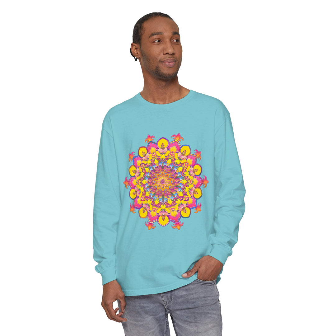 A colorful, intricate mandala design long sleeve t-shirt for men and women