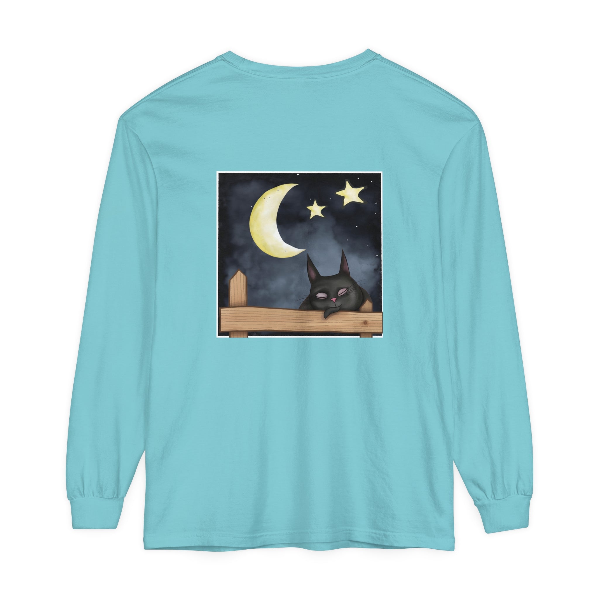 Sleepy Cat Night Sky T-Shirt featuring a cute cat lounging under the stars on a cozy, comfortable black t-shirt