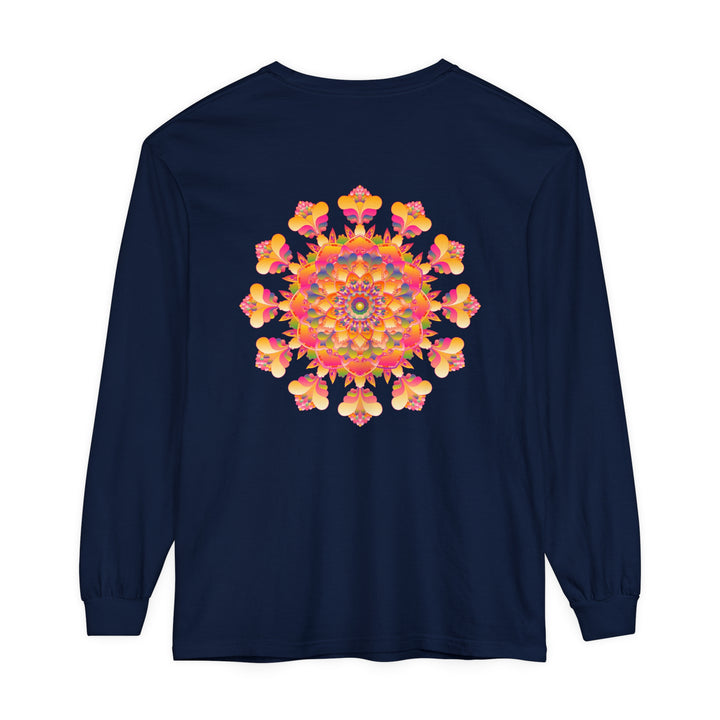 Colorful and intricate mandala design printed on a unisex long sleeve t-shirt