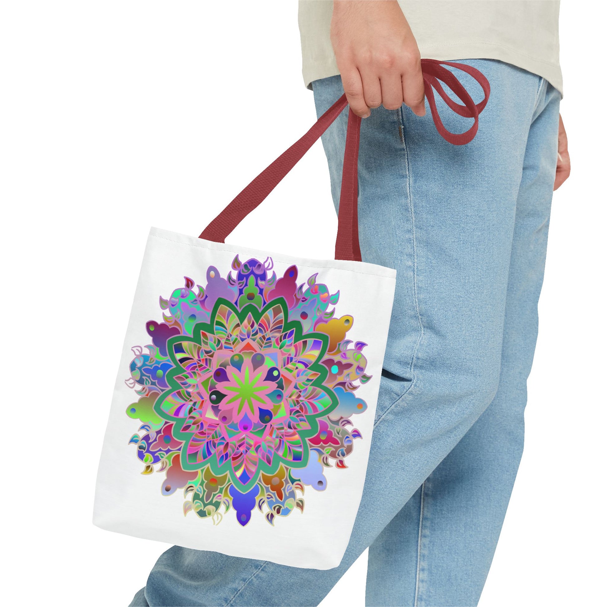 Vibrant and intricate mandala design tote bag featuring bold colors