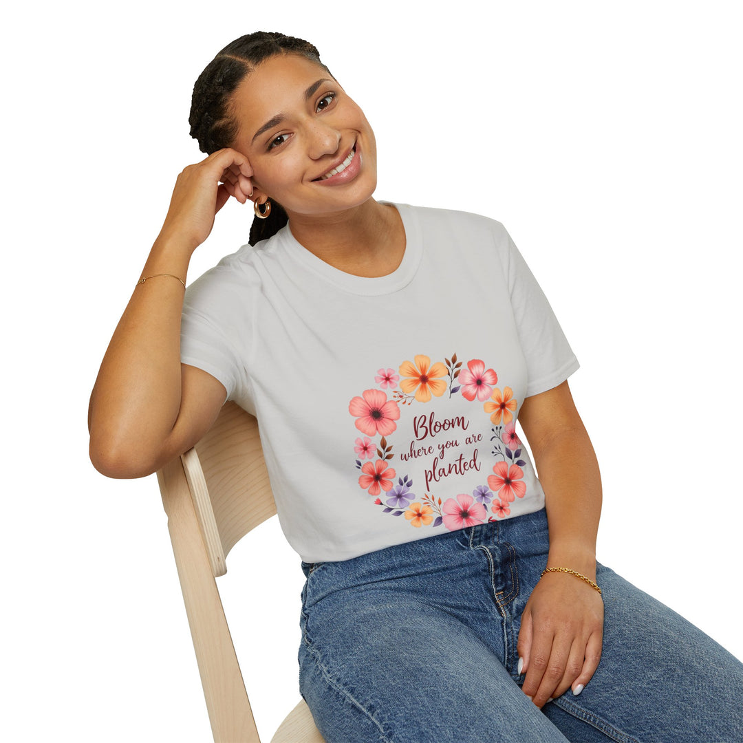 A beautiful, vibrant t-shirt with a floral mandala design and an inspiring quote