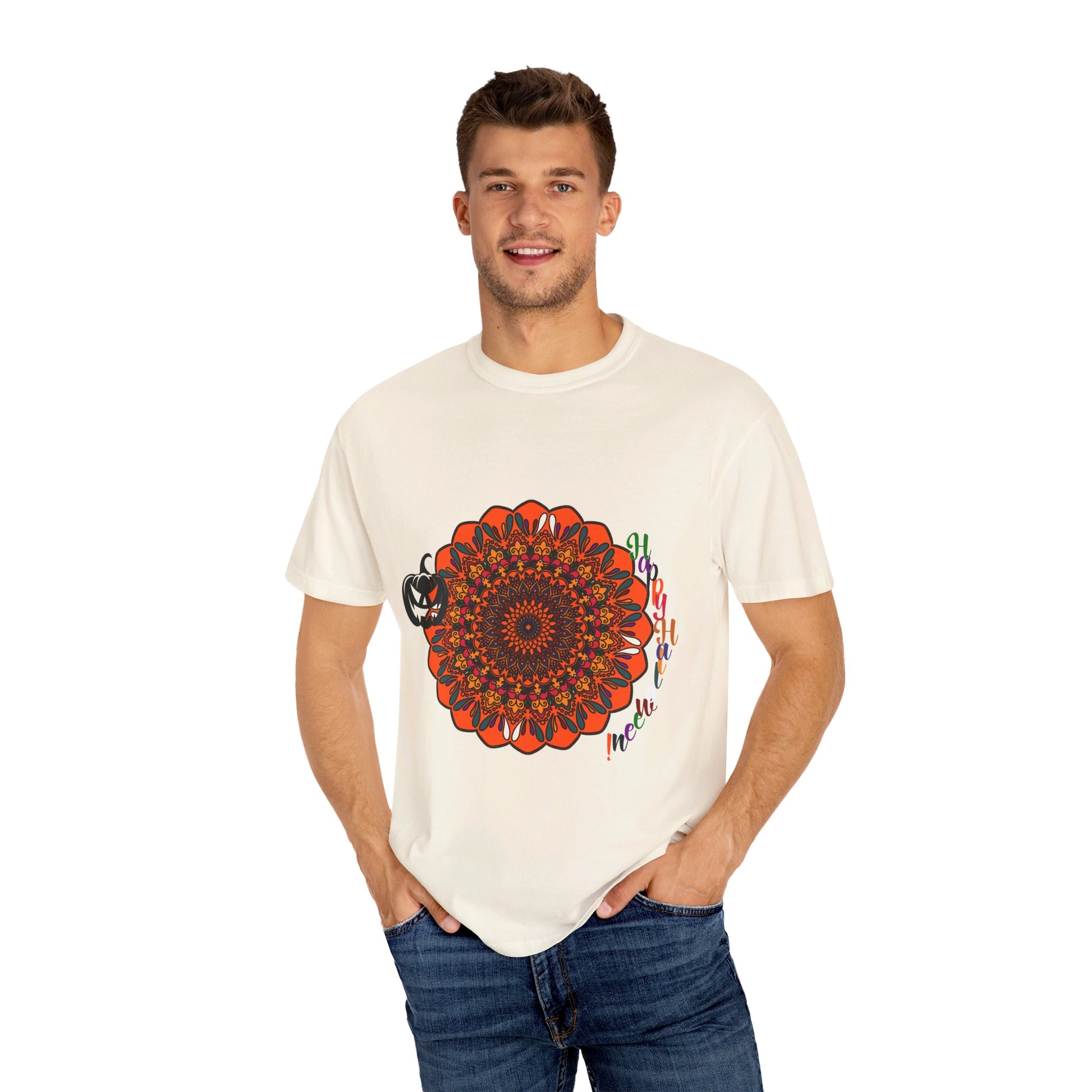 Handmade unisex Halloween mandala t-shirt featuring intricate pumpkin mandala art on a garment-dyed tee