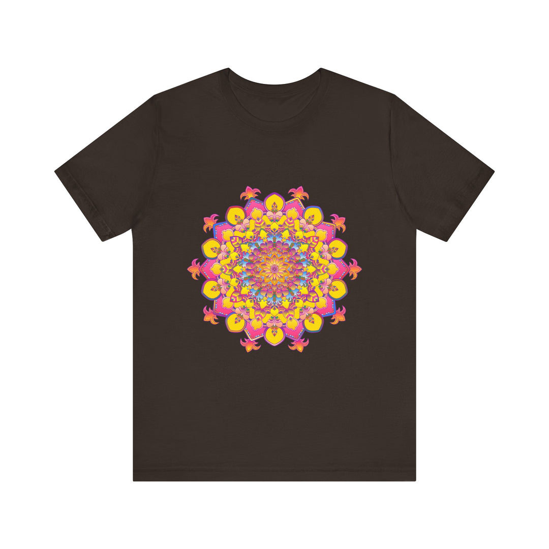 Close-up of floral mandala tee with intricate design and vibrant colors