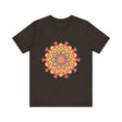 Close-up of floral mandala tee with intricate design and vibrant colors