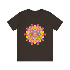 Close-up of floral mandala tee with intricate design and vibrant colors