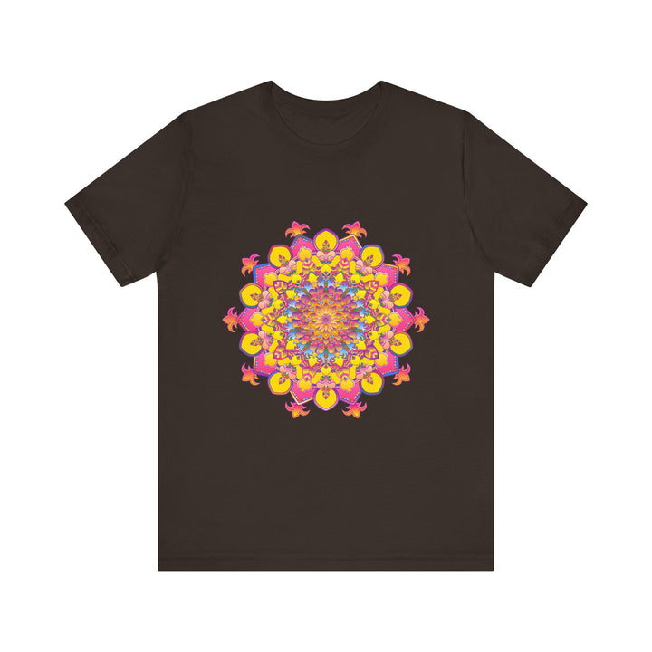 Close-up of floral mandala tee with intricate design and vibrant colors