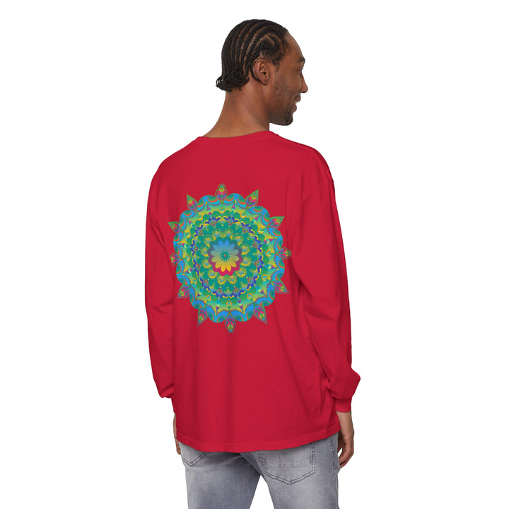 Vibrant and colorful psychedelic mandala long sleeve t-shirt for men