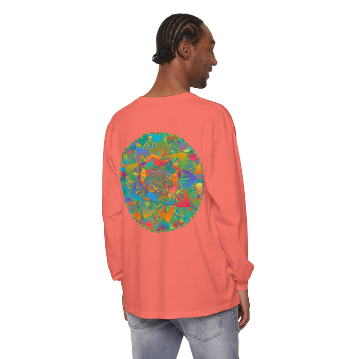 Colorful and intricate mandala design featured on a unisex long sleeve t-shirt