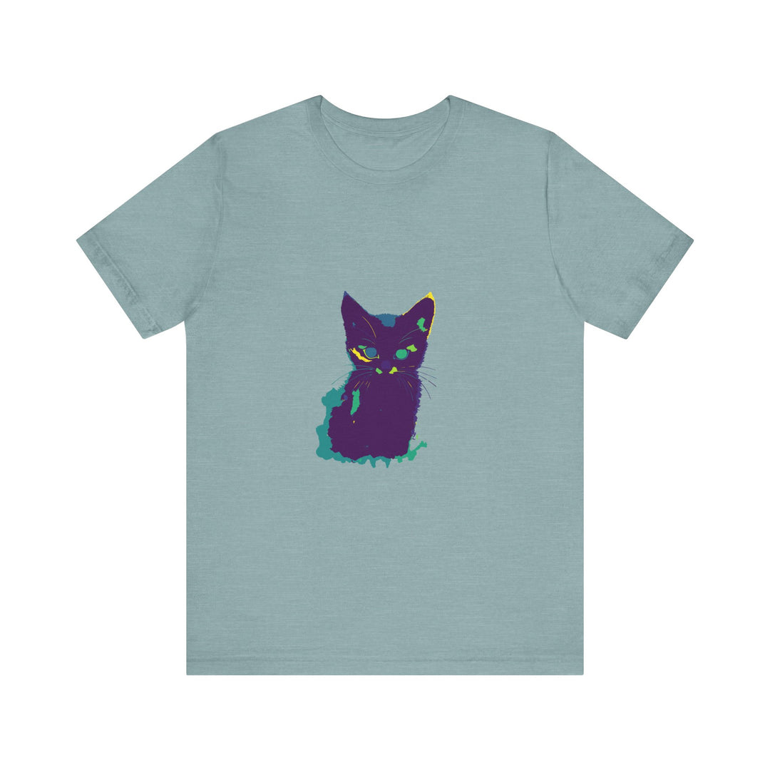 A colorful whimsical cat silhouette tee, perfect for cat lovers