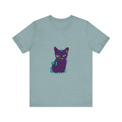 A colorful whimsical cat silhouette tee, perfect for cat lovers