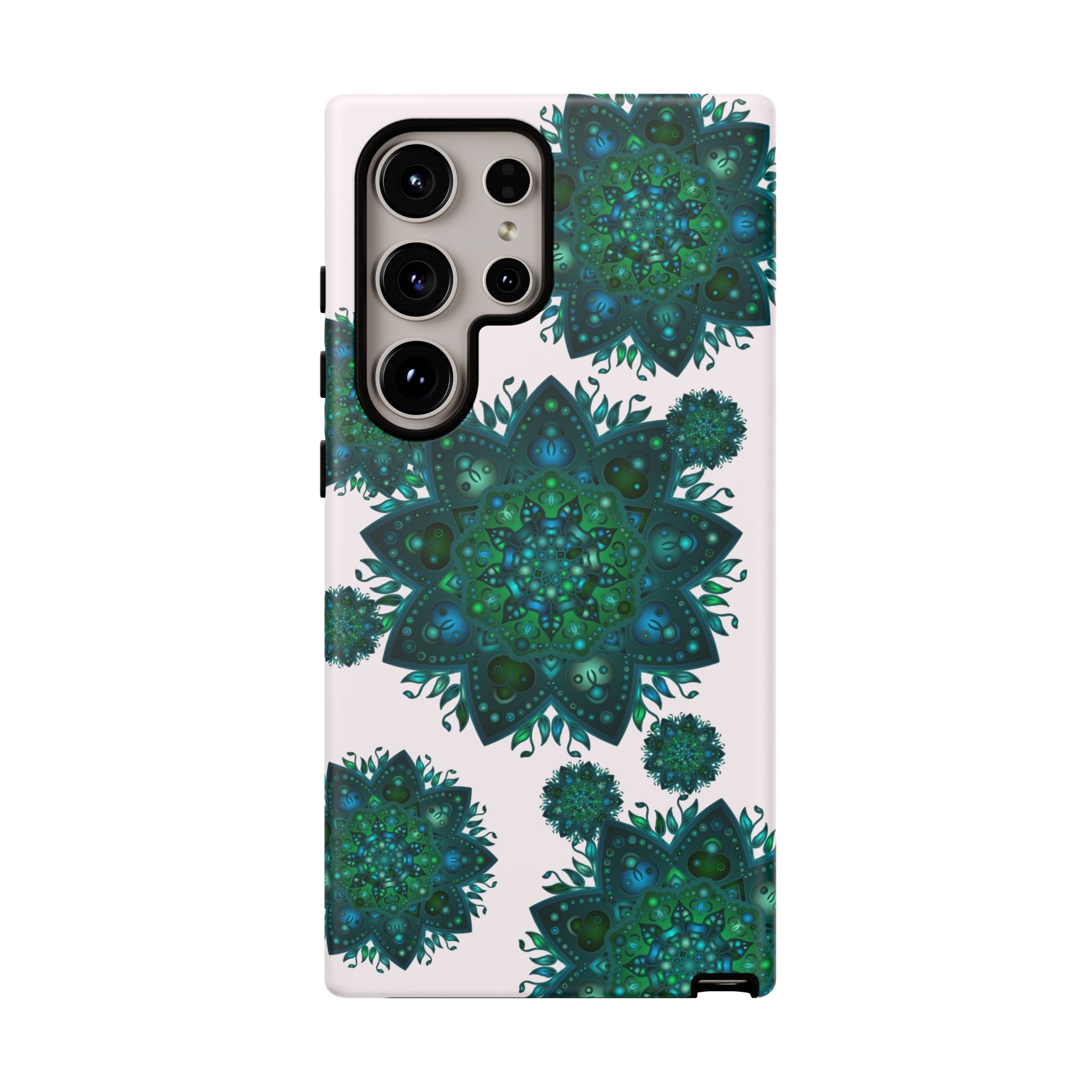 Beautiful light pink and green mandala phone case with peaceful and intricate design