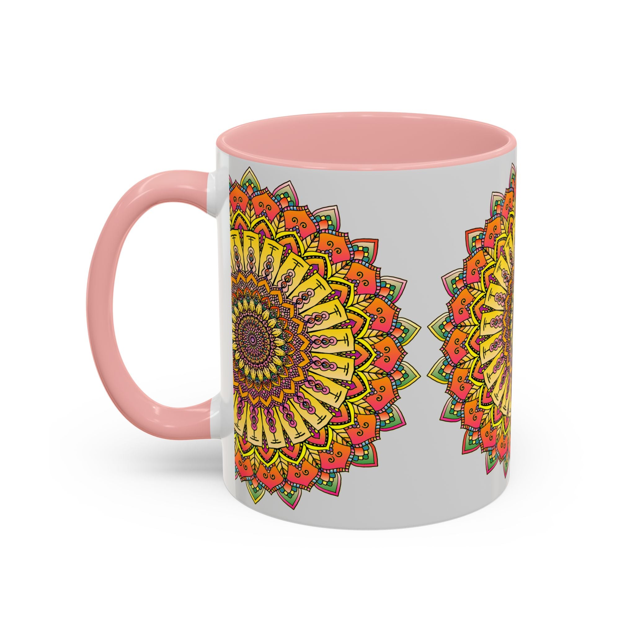 Grey ceramic mug featuring a vibrant and colorful mandala design