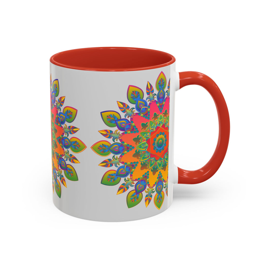 Colorful mandala mug featuring intricate and vibrant art on a grey background