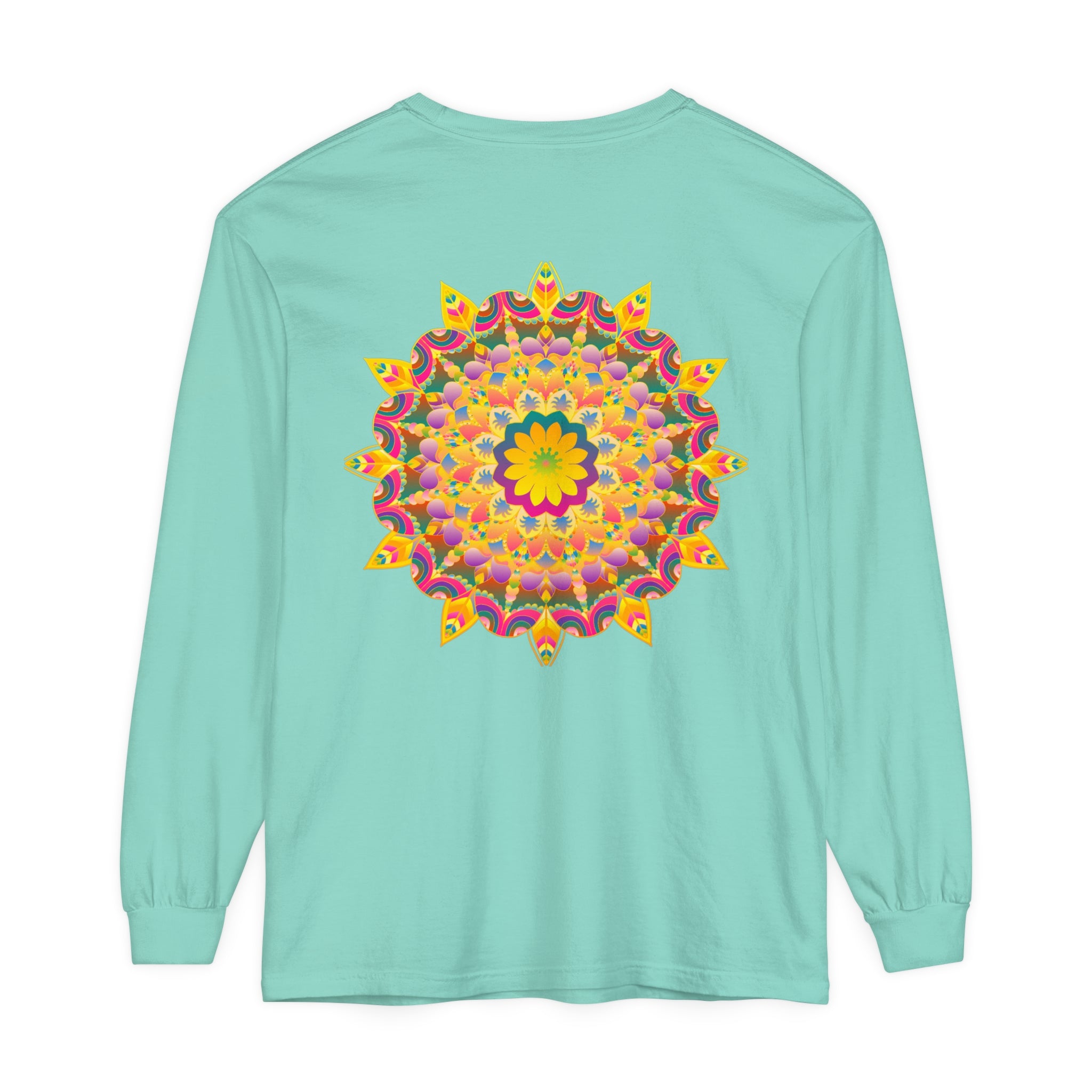 Colorful psychedelic mandala design printed on a long sleeve t-shirt