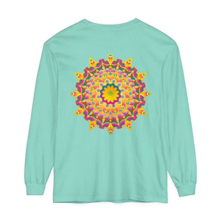 Colorful psychedelic mandala design printed on a long sleeve t-shirt