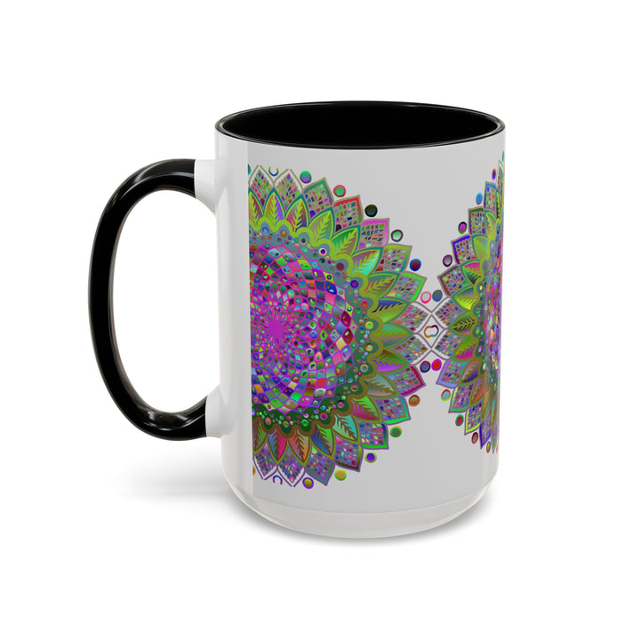 Colorful psychedelic mandala design mug with vibrant art on grey background