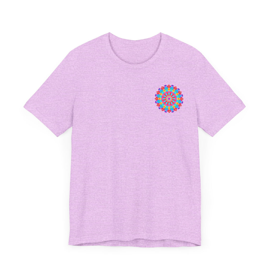 A colorful and intricate mandala design on a vibrant tee shirt representing spiritual peace and harmony