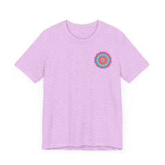 A colorful and intricate mandala design on a vibrant tee shirt representing spiritual peace and harmony