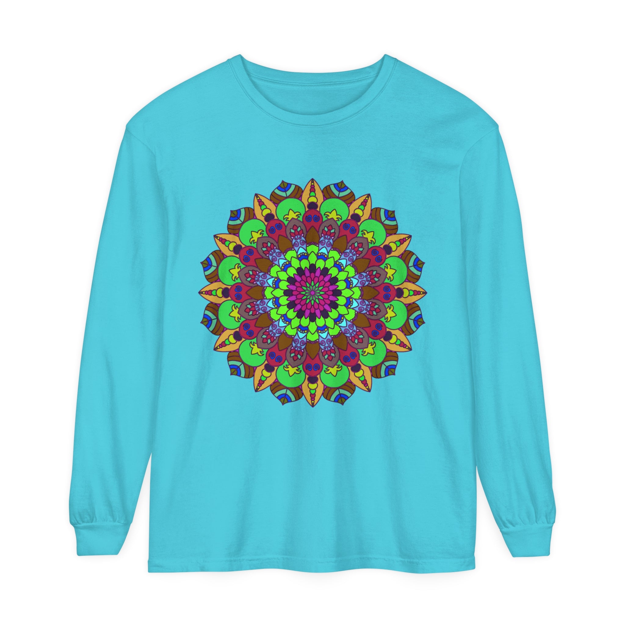 Vibrant and intricate mandala design on a unisex long sleeve t-shirt