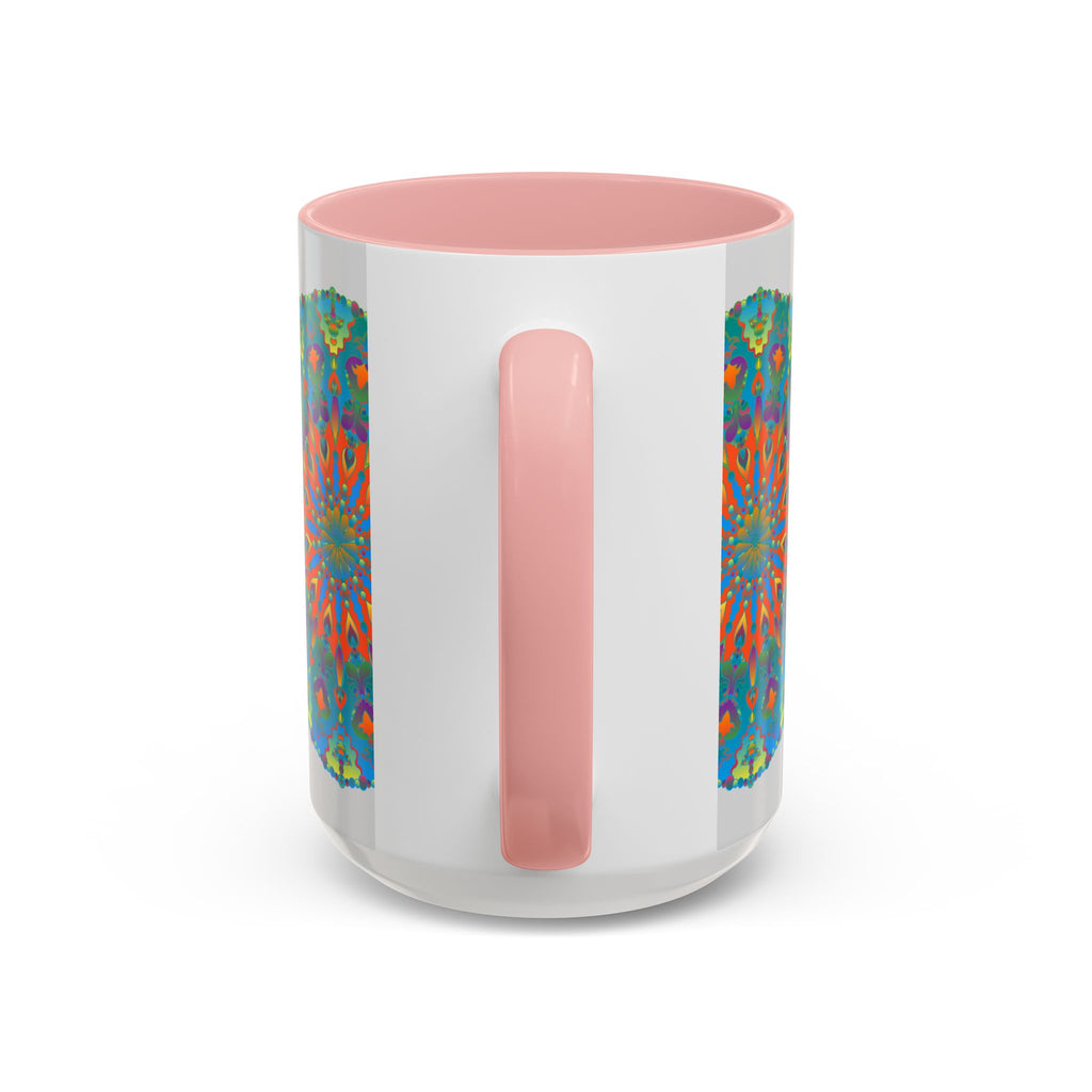 Beautiful ceramic mug with a mandala art design in intricate shades of blue and green