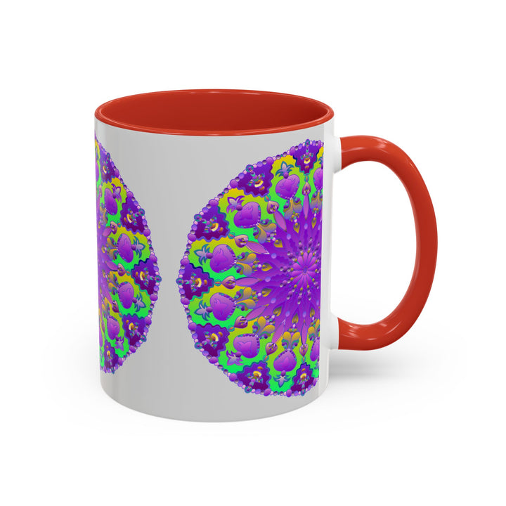 Beautiful purple mandala design on a grey ceramic mug, perfect for enjoying your morning coffee or tea