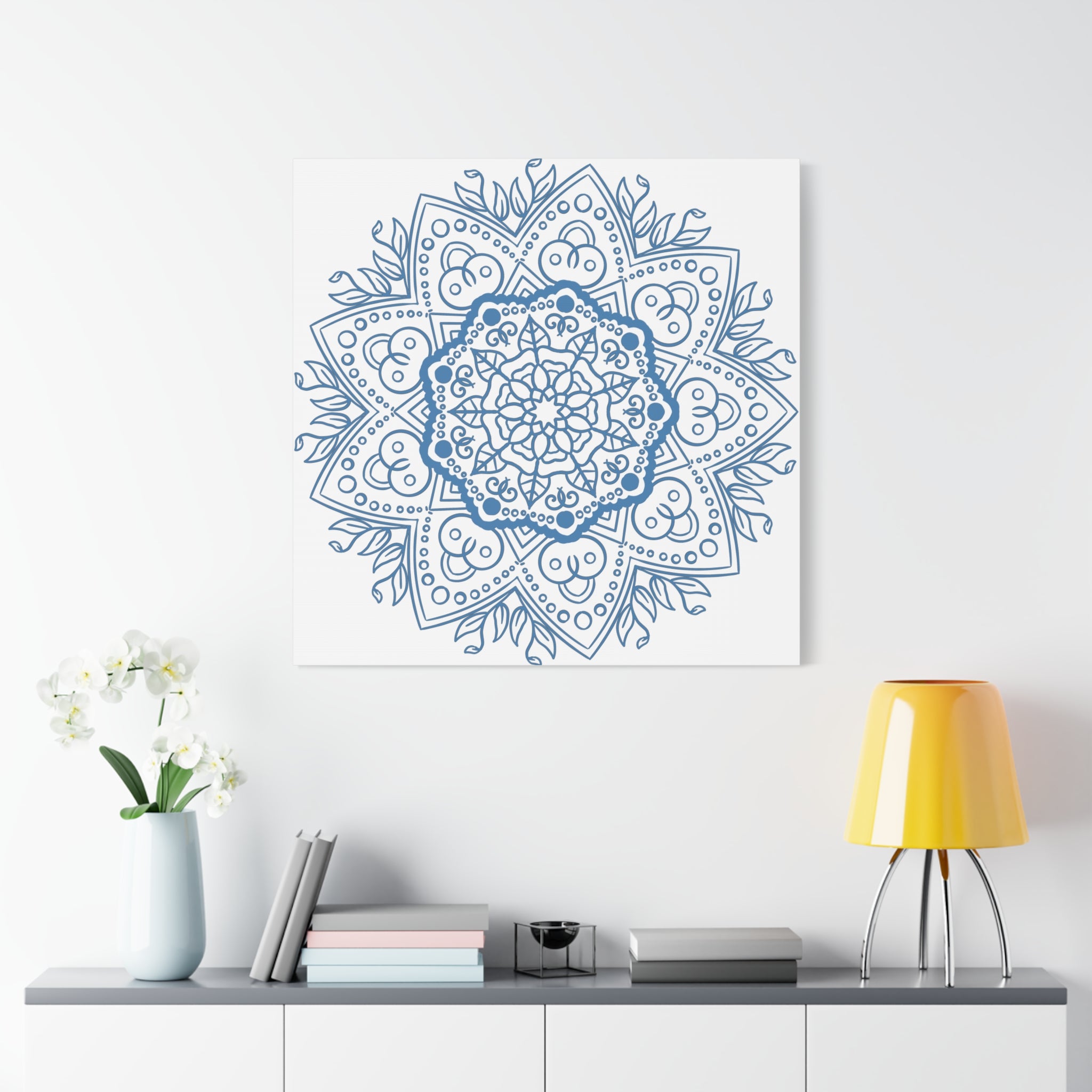 Handmade Mandala Art featuring a stunning Steel Blue Mandala Design on Matte Canvas, Stretched to 125 inches for a beautiful wall display