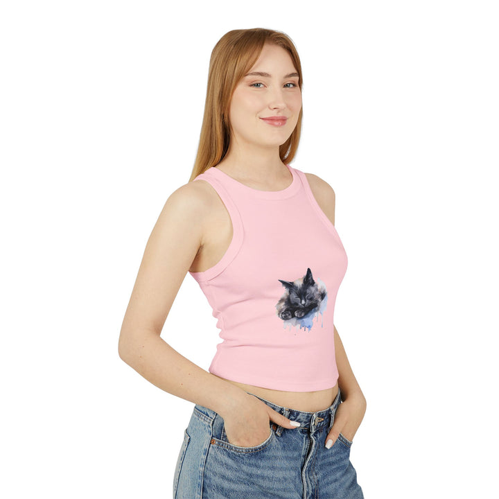 A cozy and cute sleeping cat racerback tank top for women