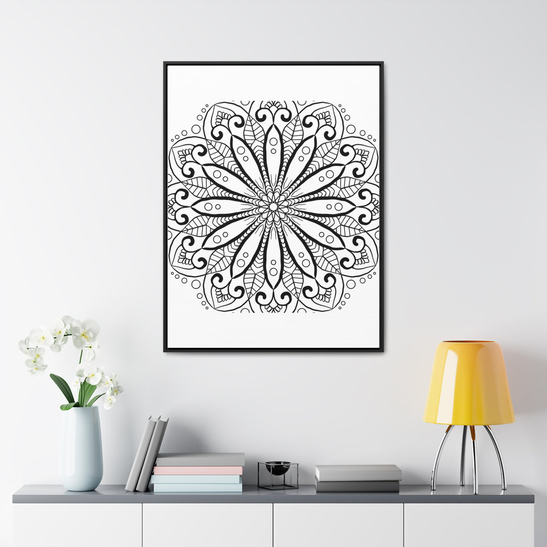 Beautiful Mandala Handmade Art with intricate black and white design, wrapped on gallery canvas for vertical display