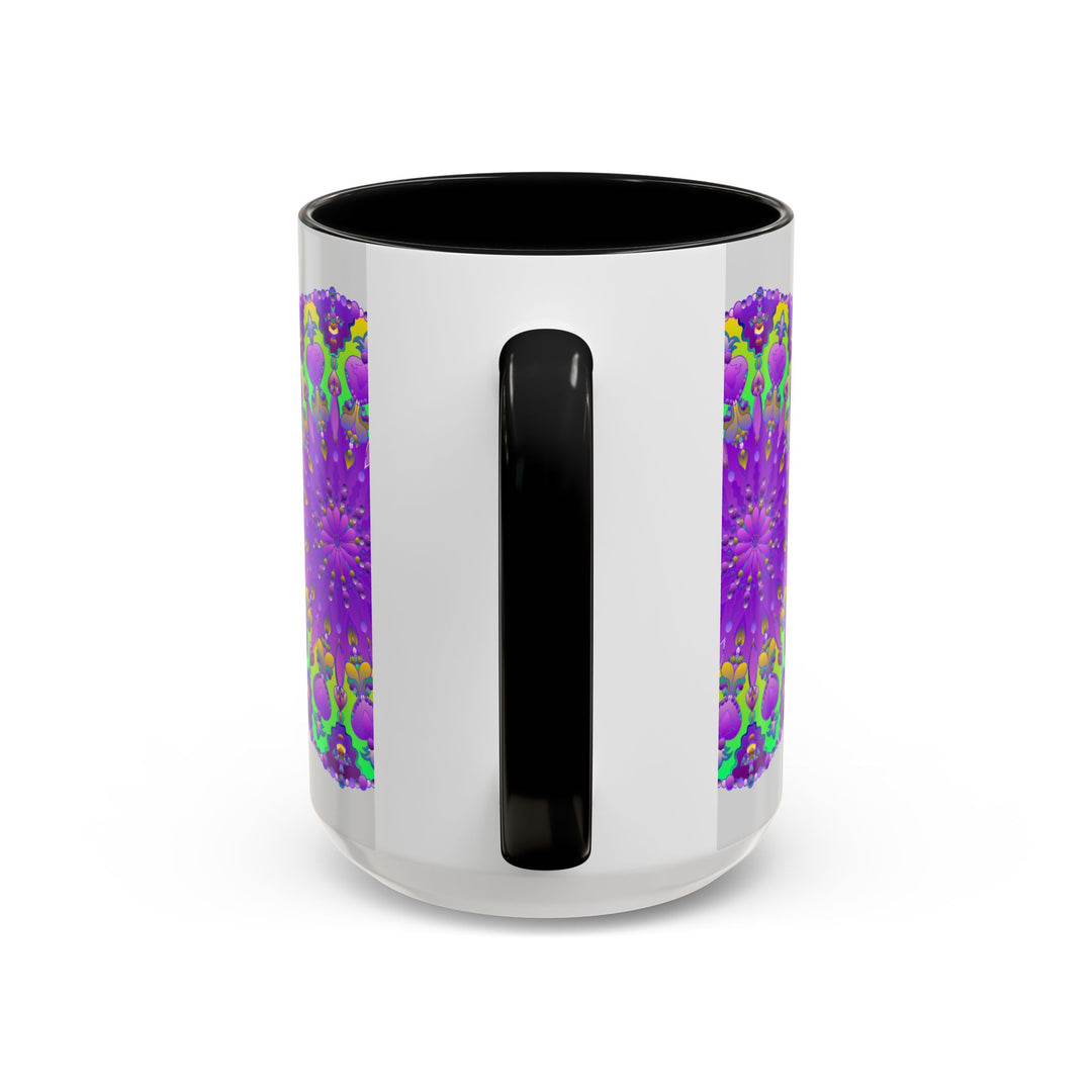 Beautiful purple mandala design on a grey ceramic mug, perfect for adding a pop of vibrant art to your morning coffee routine