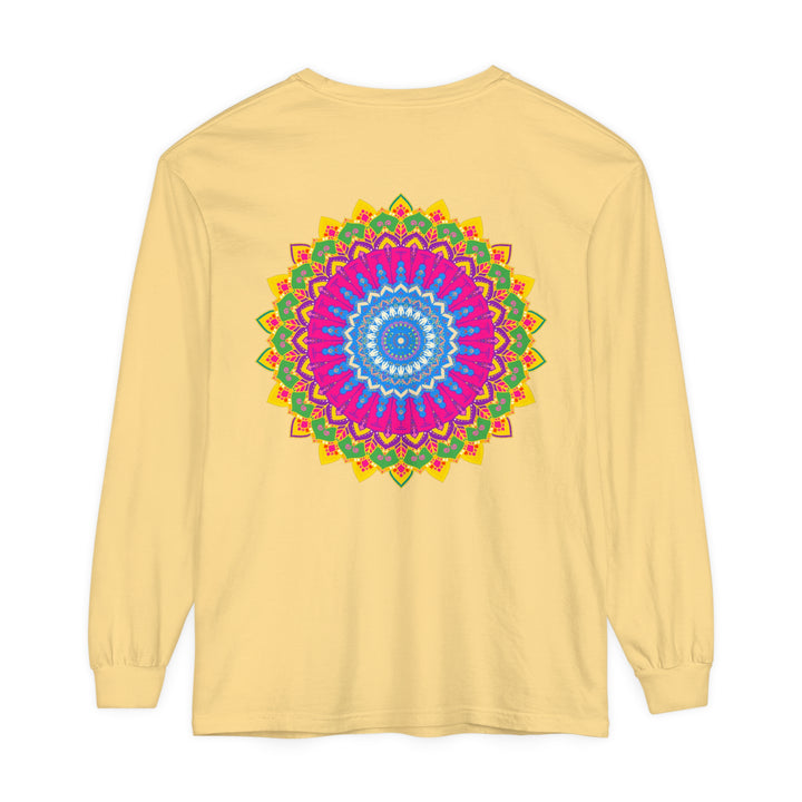 Colorful and intricate mandala design on a unisex long sleeve t-shirt