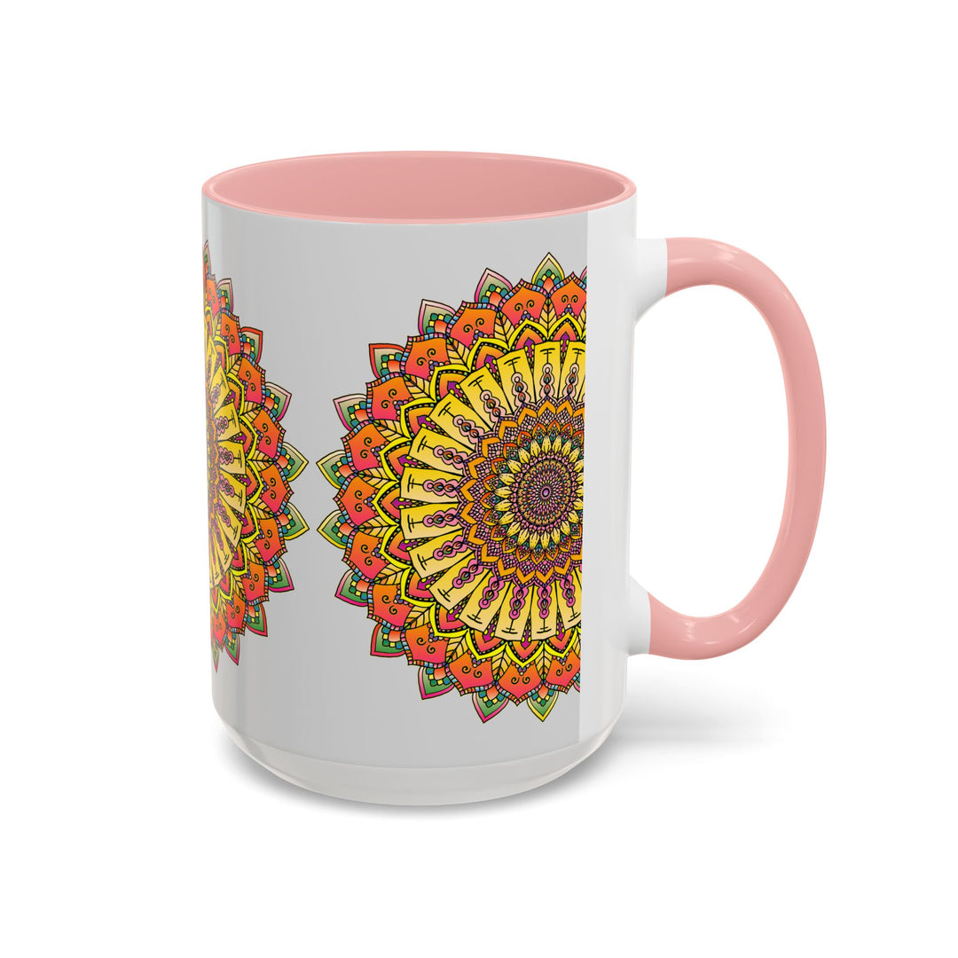 Beautiful vibrant mandala mug featuring colorful art on a grey background