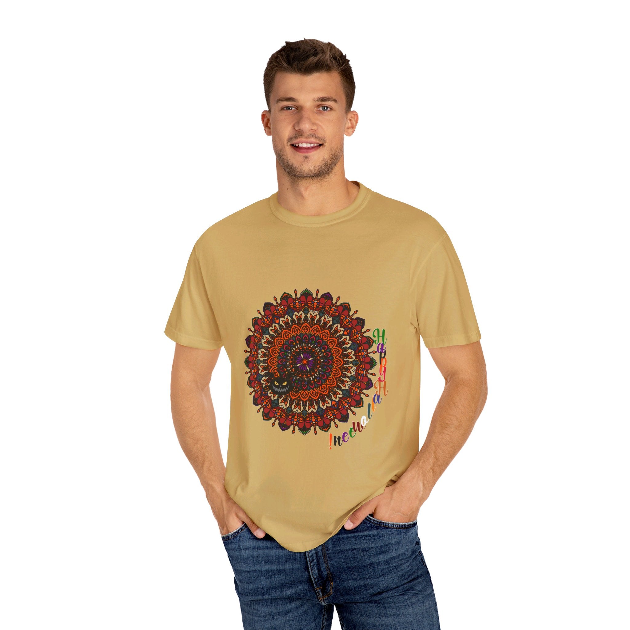 Halloween Mandala T-shirt Unisex, a hand-crafted garment-dyed tee featuring a unique pumpkin mandala art design