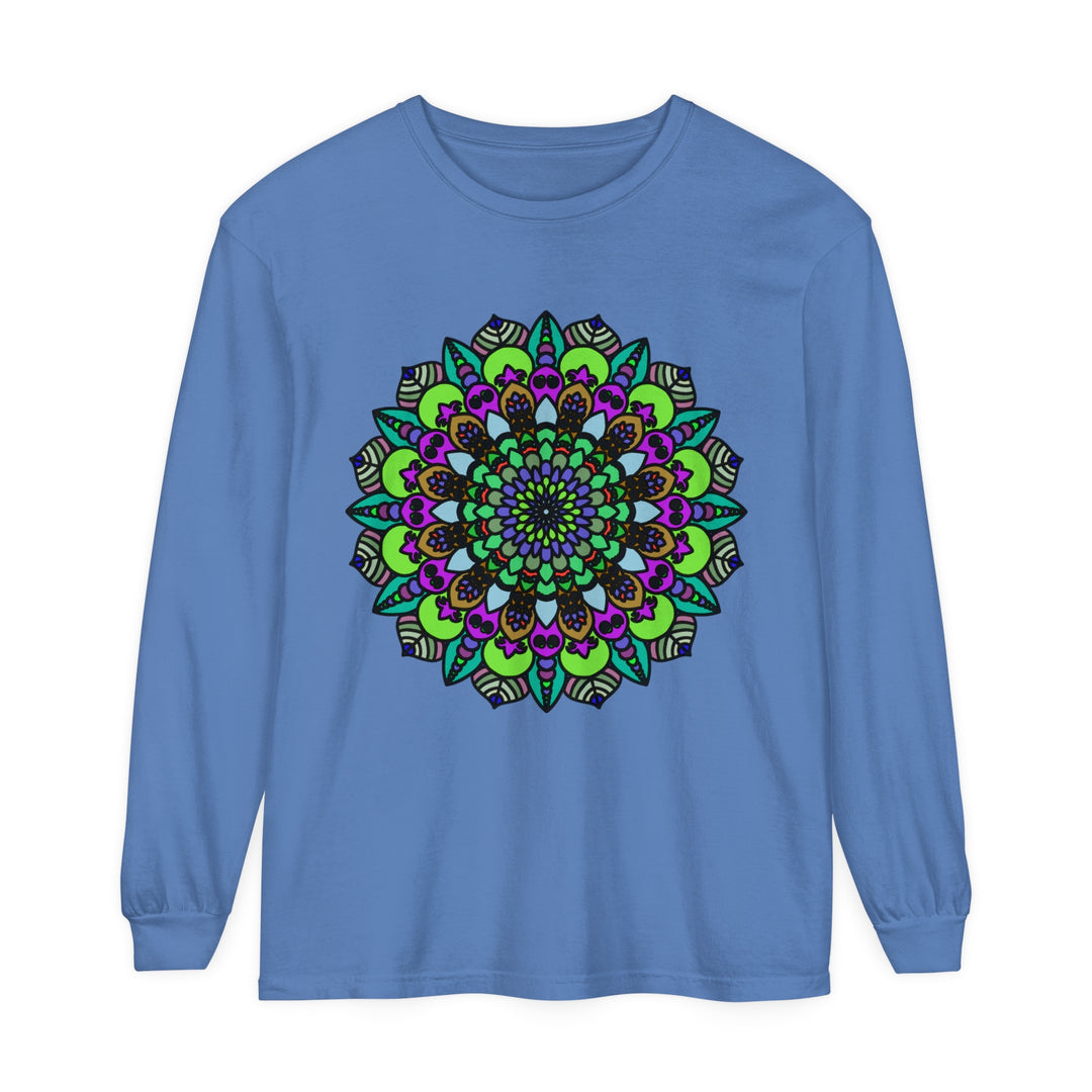 Colorful and intricate psychedelic mandala design on unisex long sleeve t-shirt