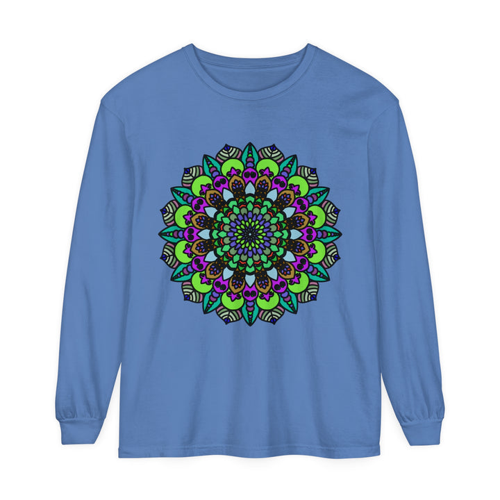 Colorful and intricate psychedelic mandala design on unisex long sleeve t-shirt