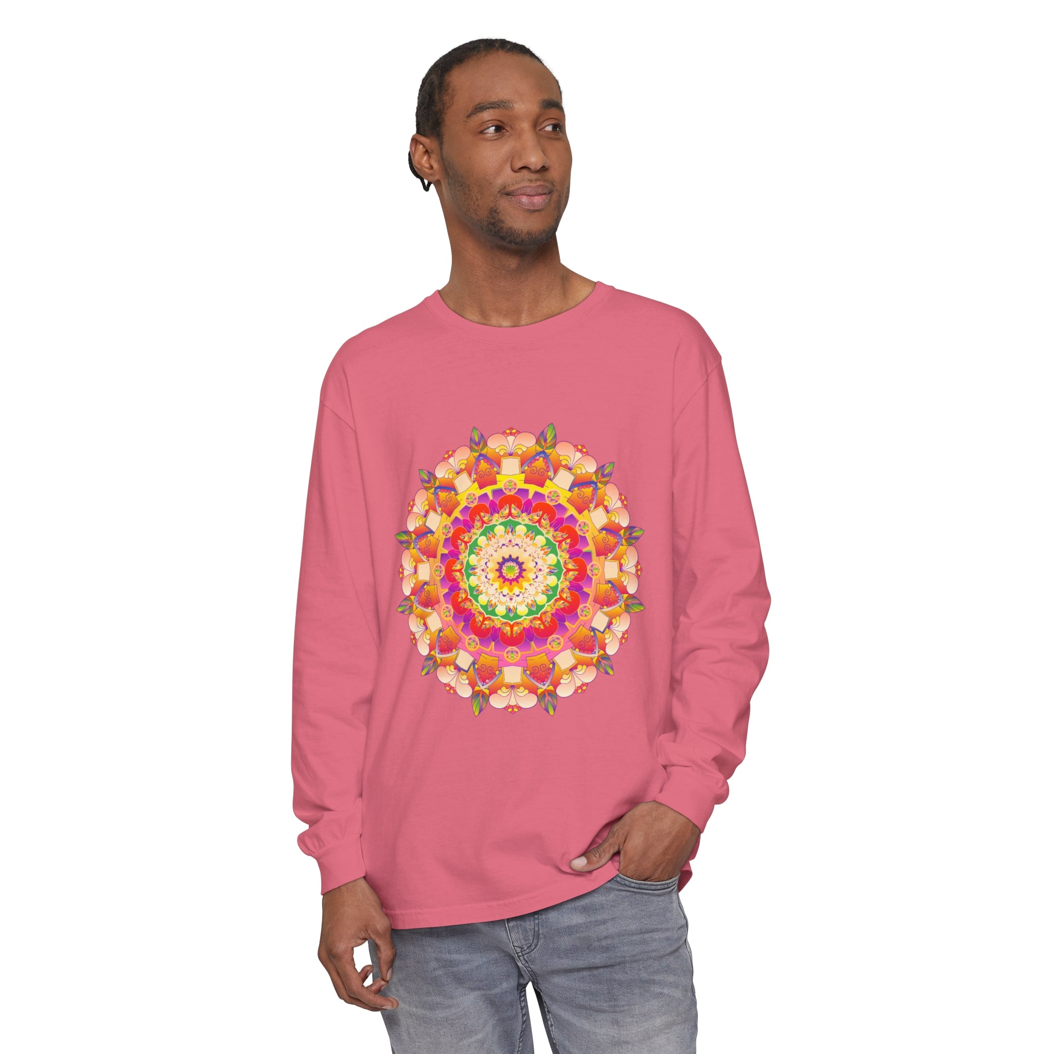 Colorful and intricate Vibrant Mandala design on a unisex long sleeve t-shirt