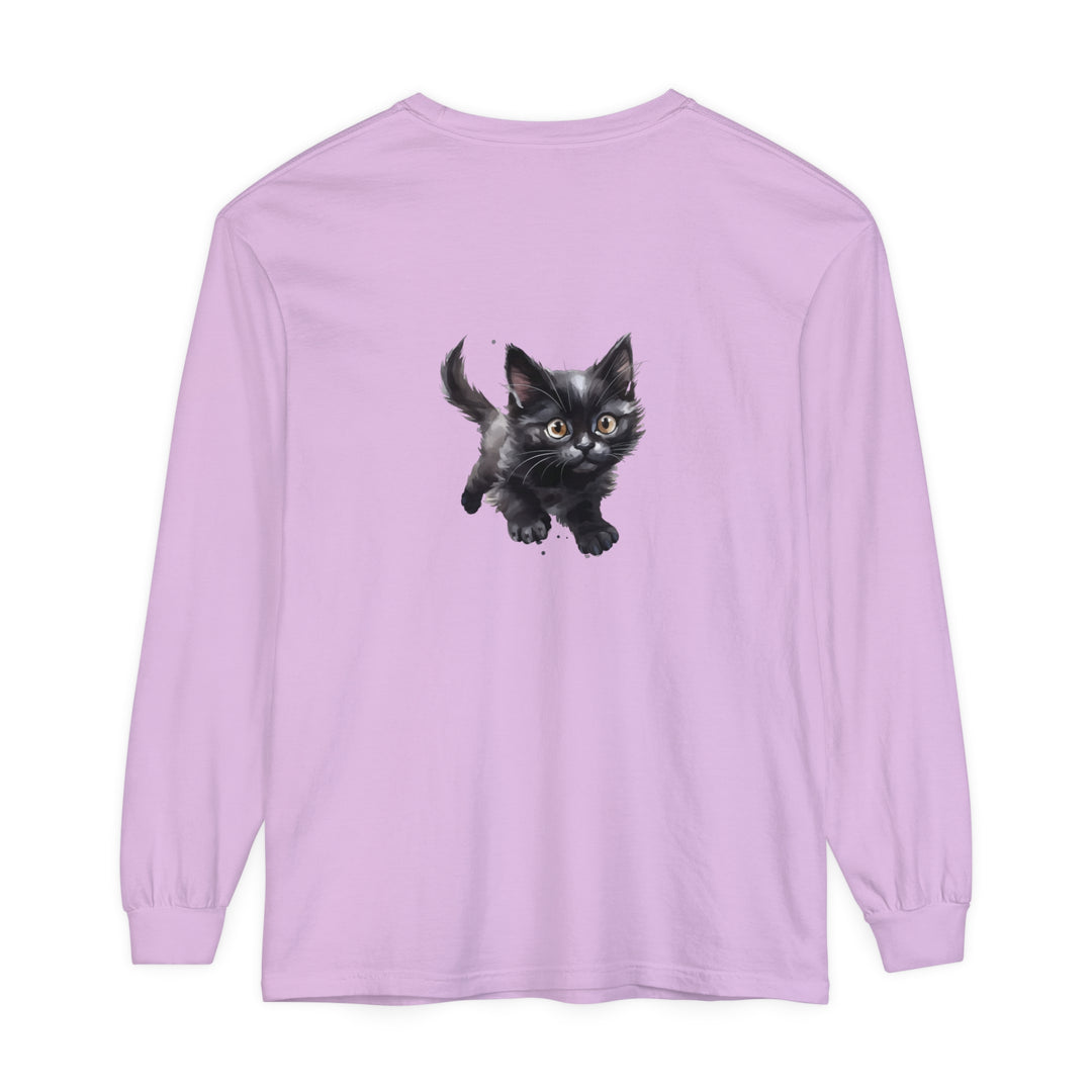 Adorable watercolor illustration of a playful kitten printed on a vibrant t-shirt