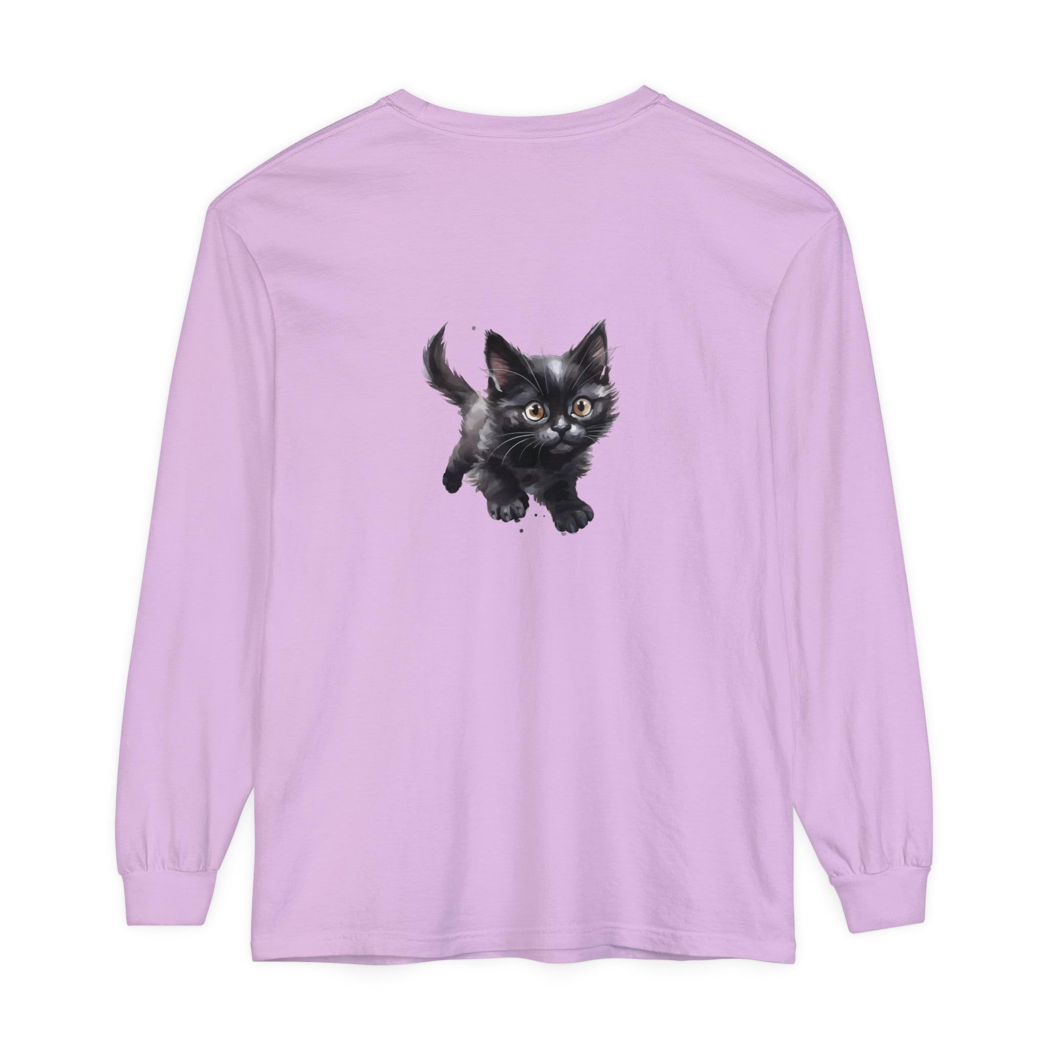 Adorable watercolor illustration of a playful kitten printed on a vibrant t-shirt