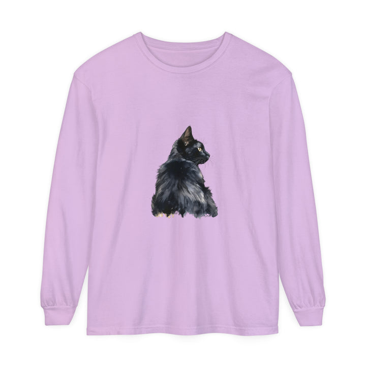 Black Cat Watercolor Long Sleeve T-Shirt featuring a striking watercolor-style illustration of a black cat on a comfortable, long-sleeve shirt