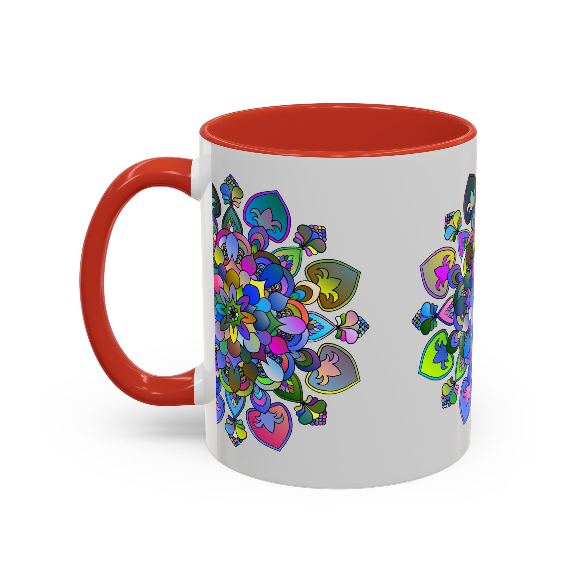 A vibrant and intricate mandala design featuring colorful floral art on a grey ceramic mug