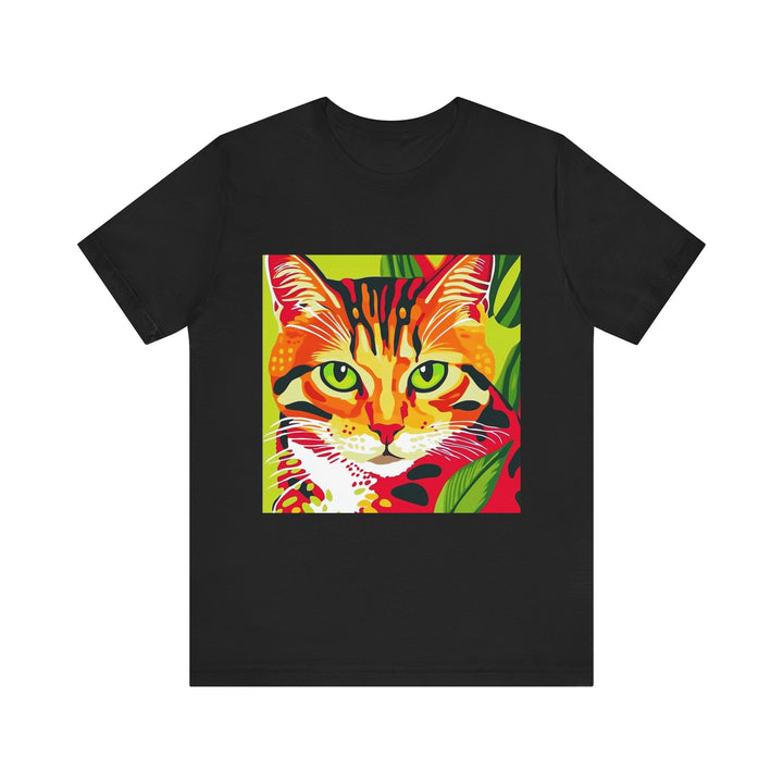 A close-up image of a stylish short sleeve tee with a savana stripes cat design