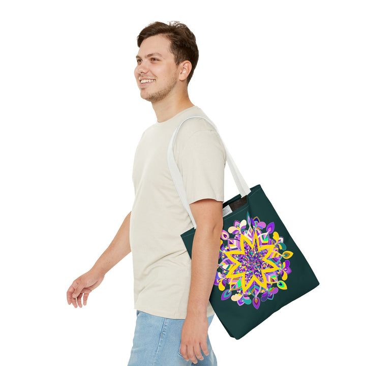 Dark green mandala tote bag with colorful design, perfect for zen girls, from the Blululi collection