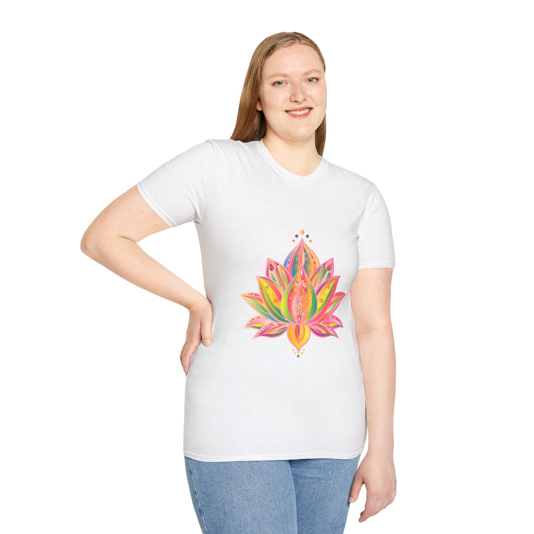 Lotus Mandala Unisex T-Shirt with Hand-Drawn Unique Design by Blululi, featuring intricate lotus flower mandala in vibrant colors