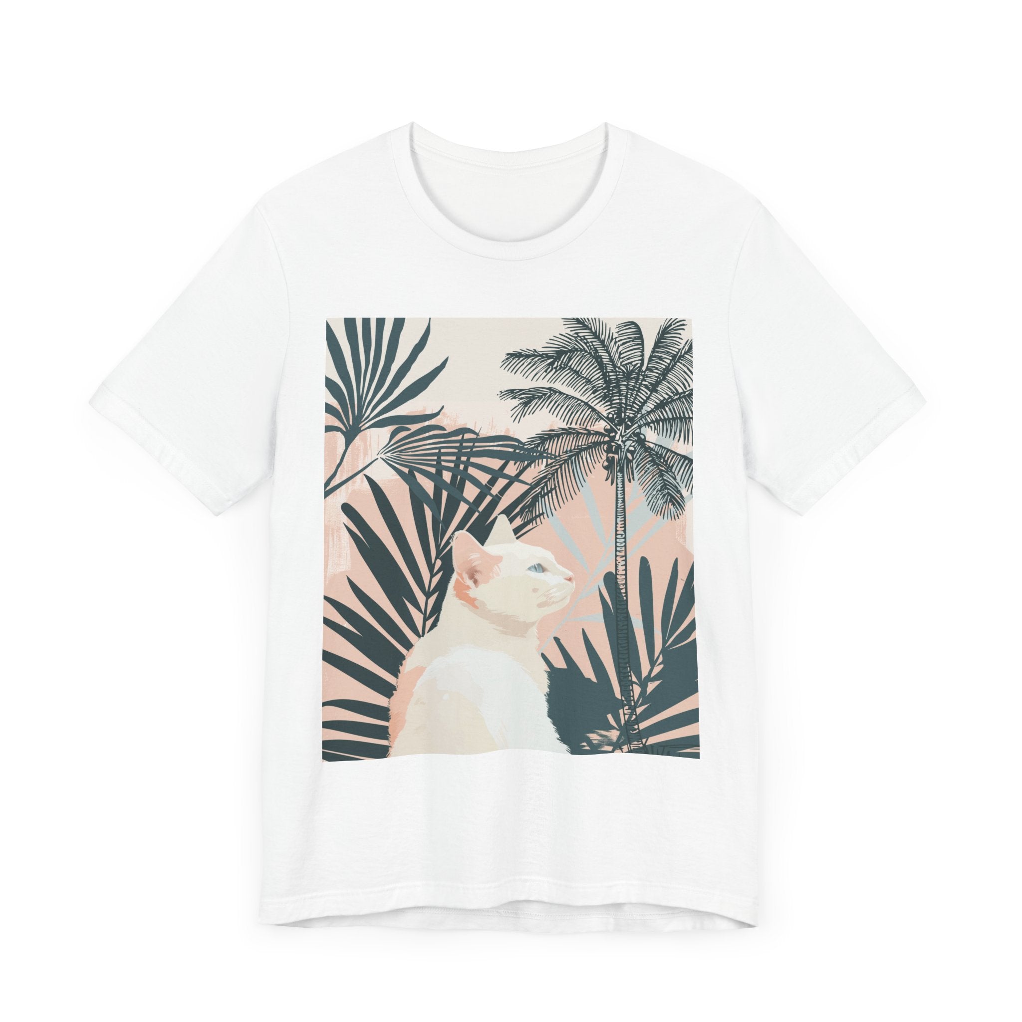 Cool cat shirt with a fashionable white kitty and palm leaves