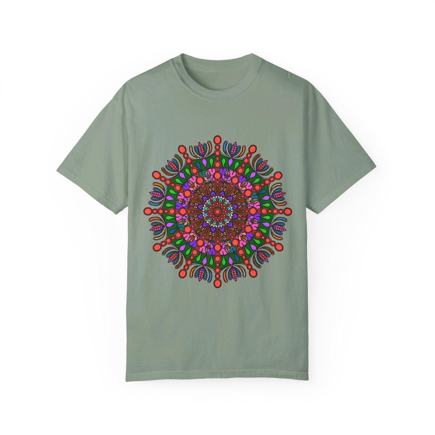 Unisex Mandala T-Shirt made from 100% Ring-Spun Cotton in Garment-Dyed style for Extra Comfort, featuring Hand-Drawn Mandala Art design