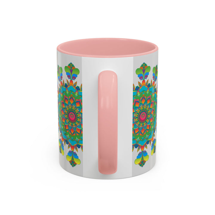 Top angle shot of Mandala Art Mug - Vibrant Colors on Grey showcasing the wide brim and perfect for sipping