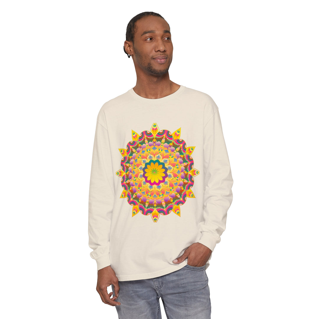 Colorful psychedelic mandala design on a long sleeve t-shirt for men and women