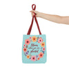 A charming floral tote bag featuring the inspirational quote Bloom Where You Are Planted in three different sizes - perfect for carrying all your essentials in style